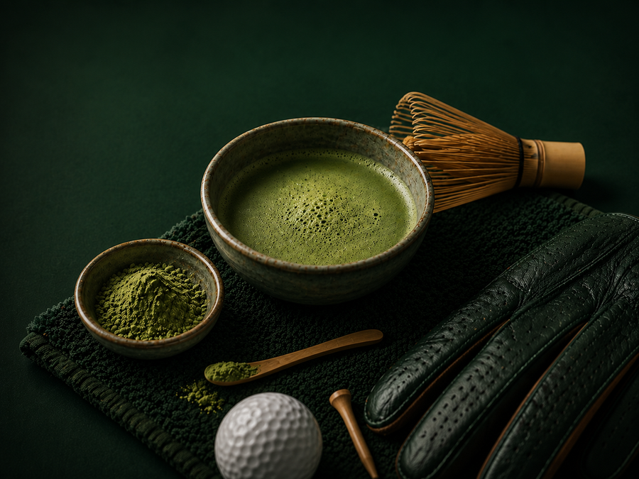 green tea showing L theanine set with bowl, whisk, and ingredients on a dark surface