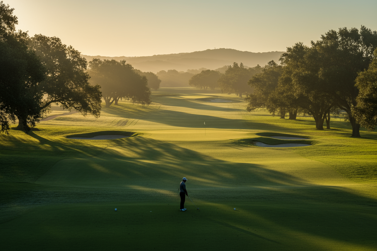 Scene & Subject: A wide, cinematic shot of a perfectly manicured, classic-style golf course taken from a slightly elevated vantage point (like a tee box or a gentle hillside). The focus should be on the expansive, deep green fairway leading toward a distant green, flanked by mature, natural elements like oak trees or gentle hills. The image should convey scale, suggesting a high-end, championship-level course.

Lighting & Atmosphere (The "Quiet Power"): The image must be captured during Golden Hour—either v
